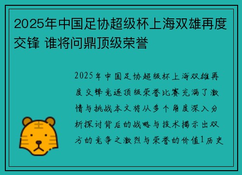 2025年中国足协超级杯上海双雄再度交锋 谁将问鼎顶级荣誉