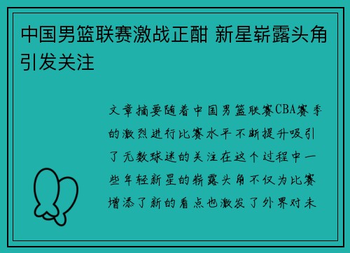 中国男篮联赛激战正酣 新星崭露头角引发关注