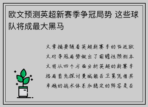 欧文预测英超新赛季争冠局势 这些球队将成最大黑马