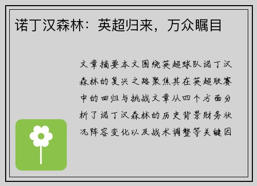 诺丁汉森林：英超归来，万众瞩目